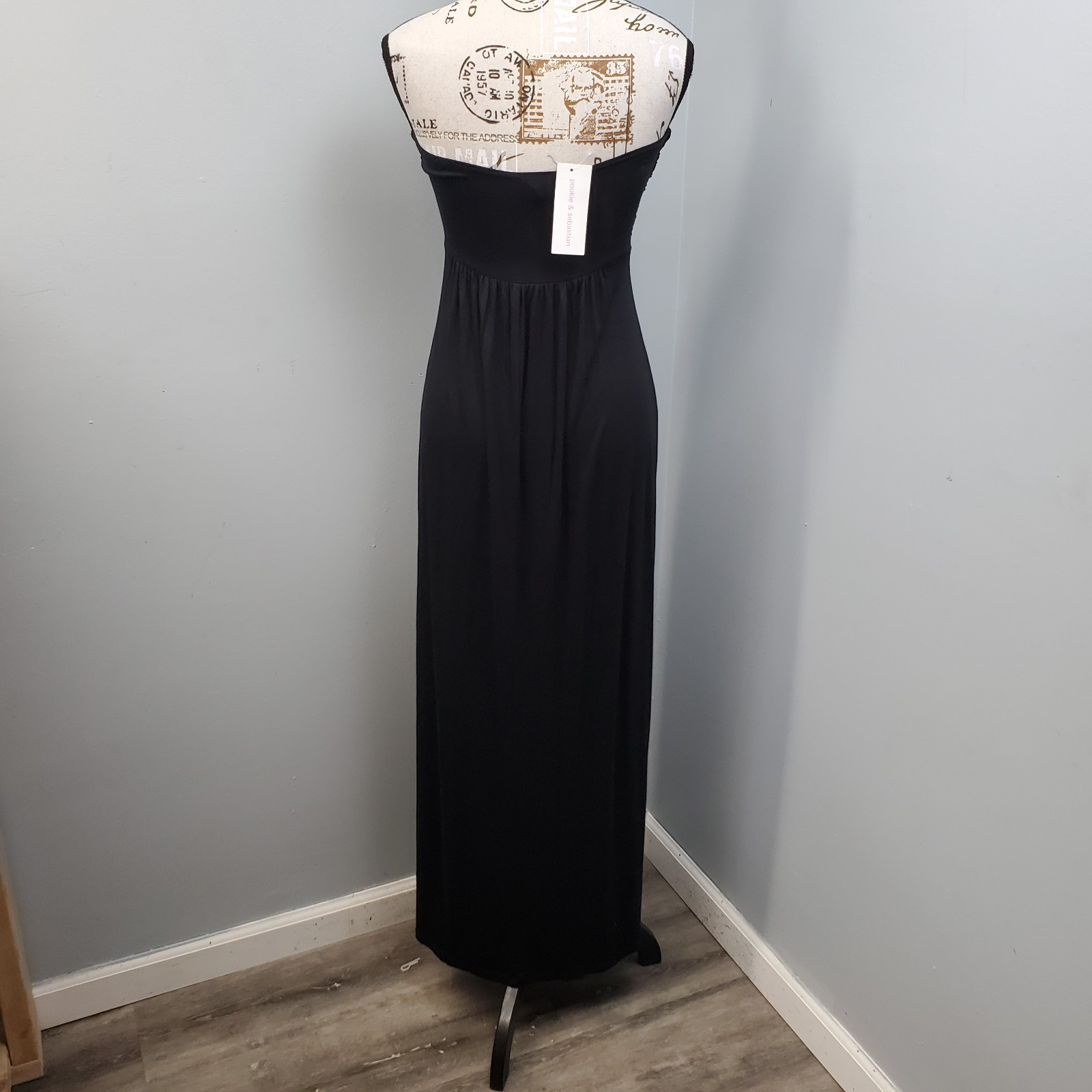 Pookie & Sebastian Strapless Maxi Dress Womens S Black Ruched Off the Shoulder
