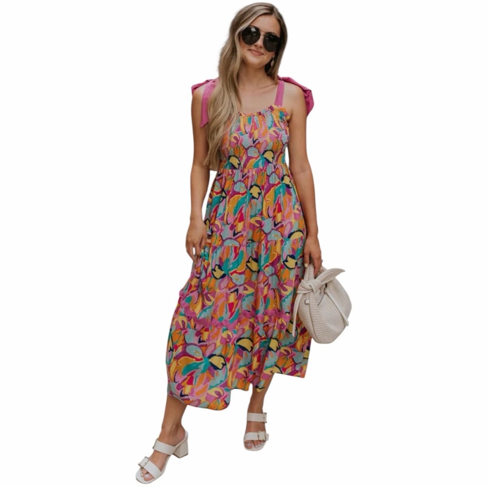 NWT Umgee USA Multi Color Tie Strap Smocked Top Midi Dress Size Small