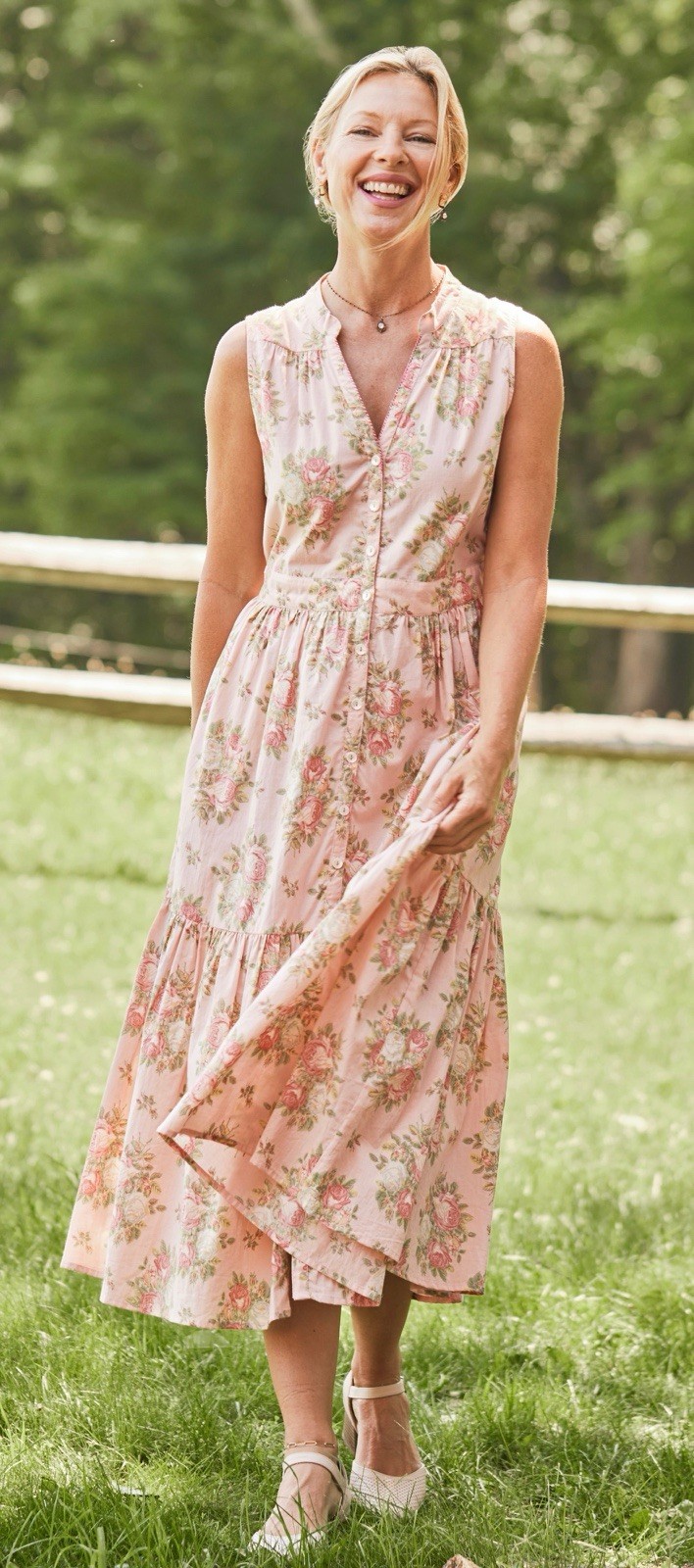 April Cornell Genevieve Hostess Maxi Dress Pink Cottage Roses Large Sleeveless