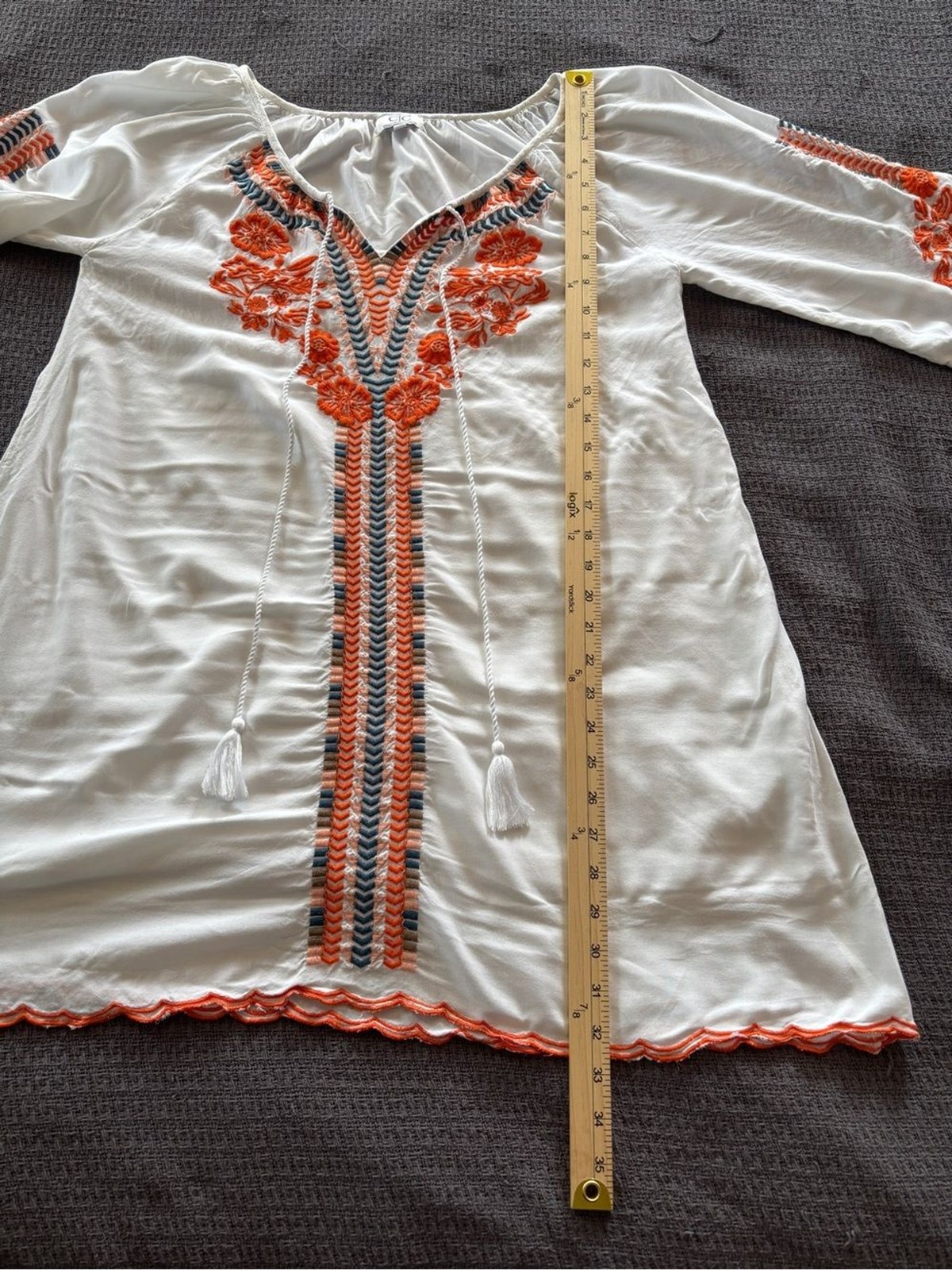 Chic Connection White Boho Coastal Peasent Tunic Dress with Orange Embroidery