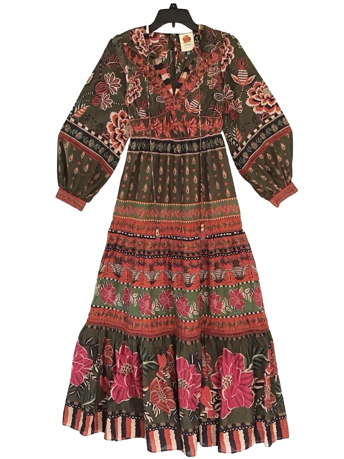FARM RIO AINIKA MULTI MIX LONG SLEEVE V NECK MAXI DRESS XXS REG $285 NWT