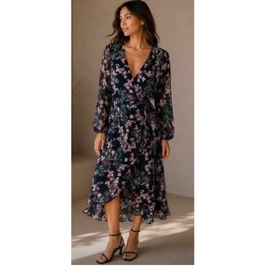 Everly Faux Wrap Dress Large Floral Metallic Cottage Boho Fairy Flowy Garden