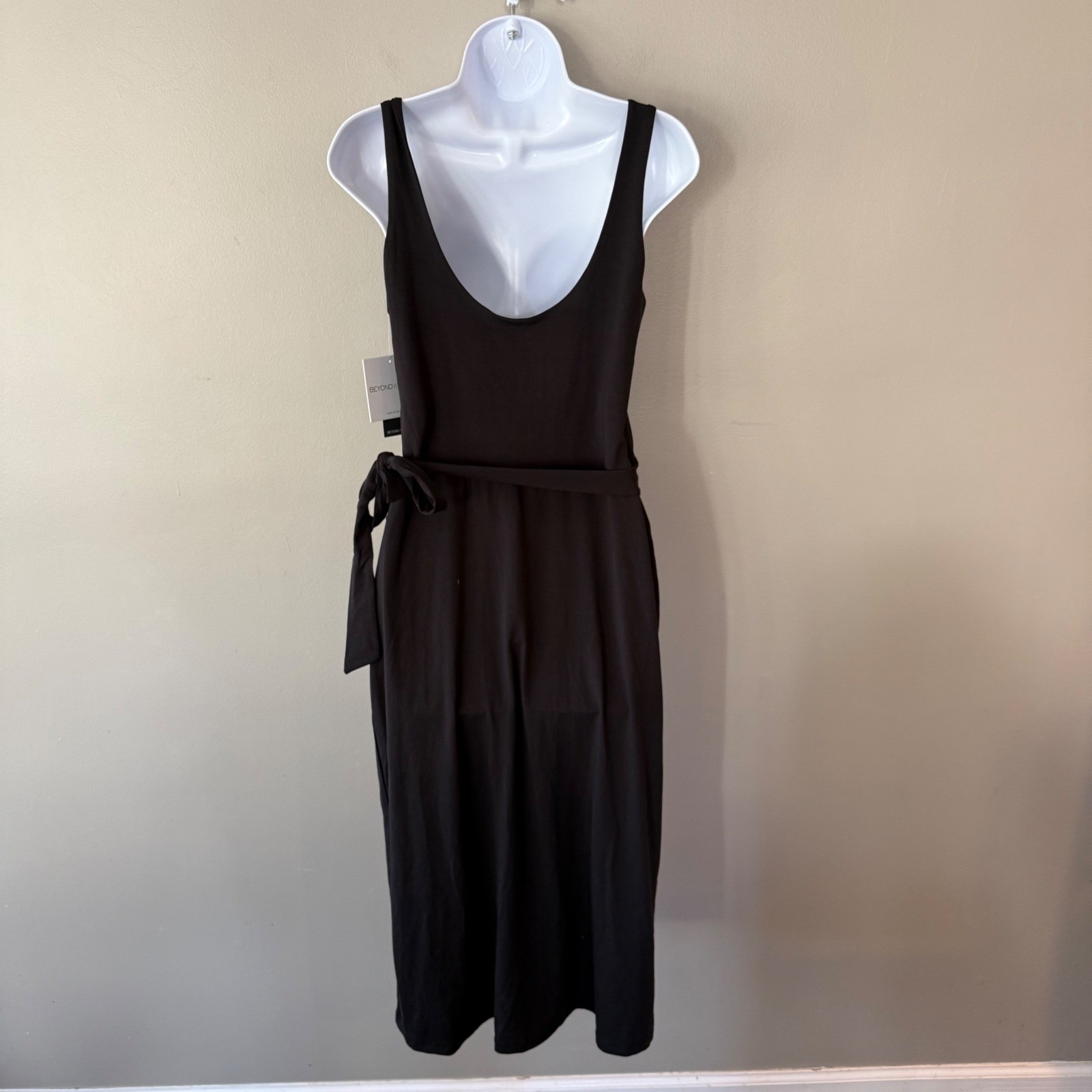 Beyond Yoga Black Scoop Neck Wrap Midi Dress NWT Sz Med Minimalist Travel Boho