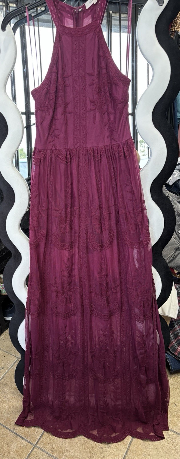 Honey Belle Purple Floral Lace Mesh Maxi Dress Sheer Lined Zip Back Size S