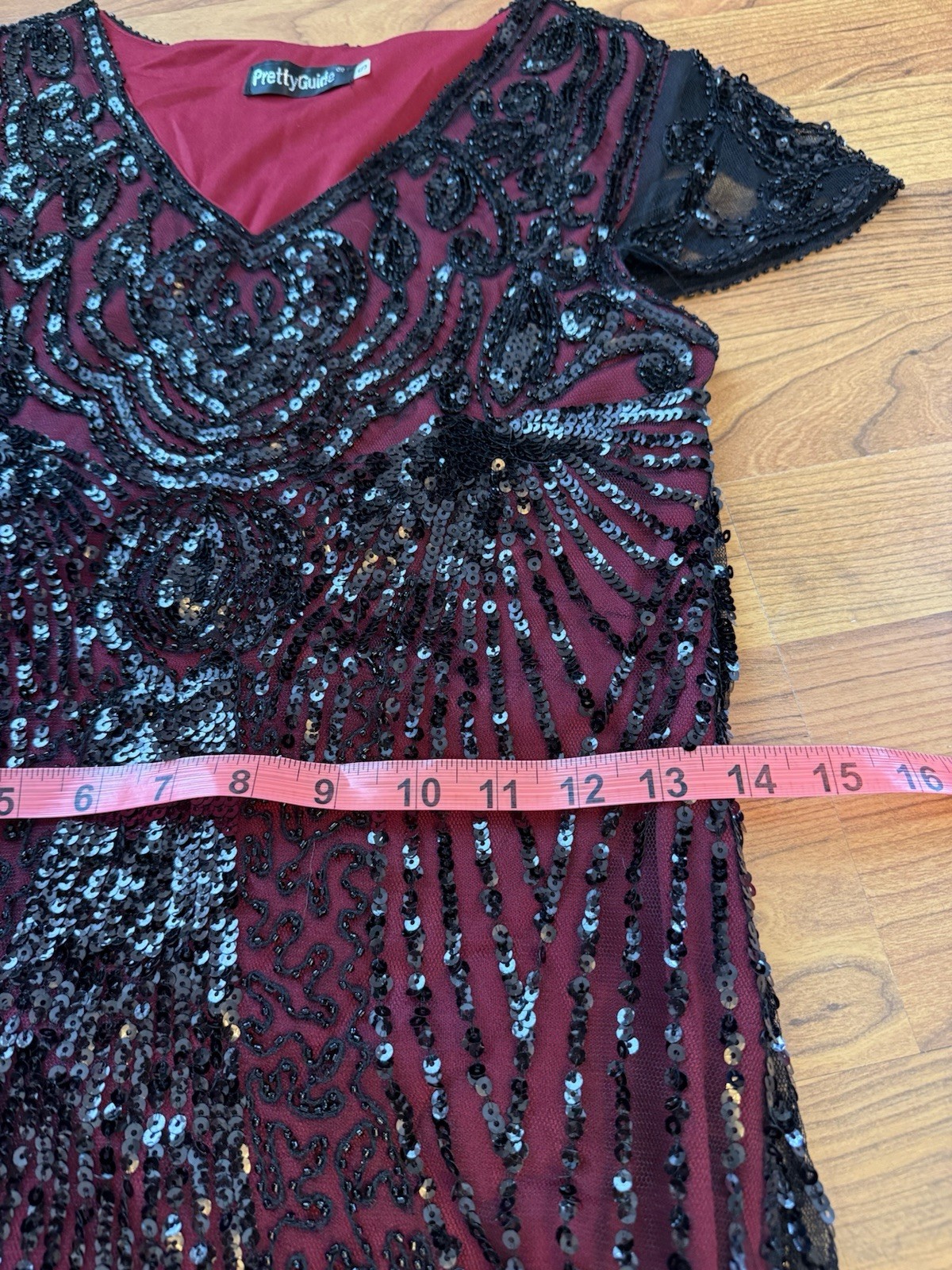PrettyGuide S Burgundy Black Sequin Fringe V-Neck Sheath Knee Dress Short Slv