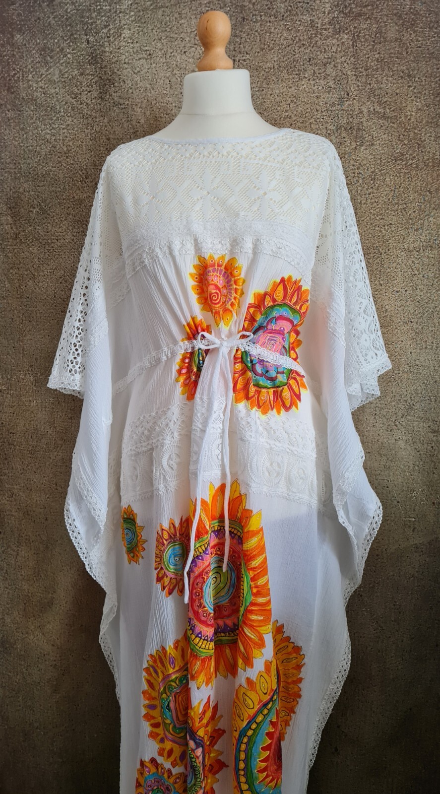 Bespoke Hand Painted Signed White Mandala Kaftan Party Holiday Beach Dress
