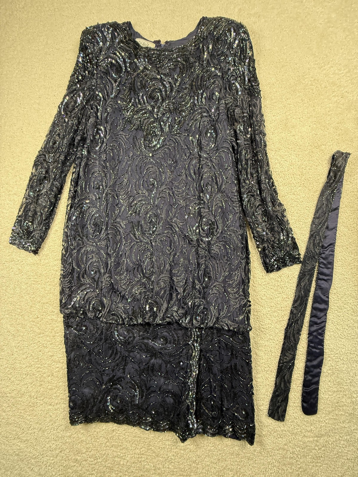 Vintage Saks Fifth Avenue Dress Womens L Gray Sequin Beaded Shift Midi Formal