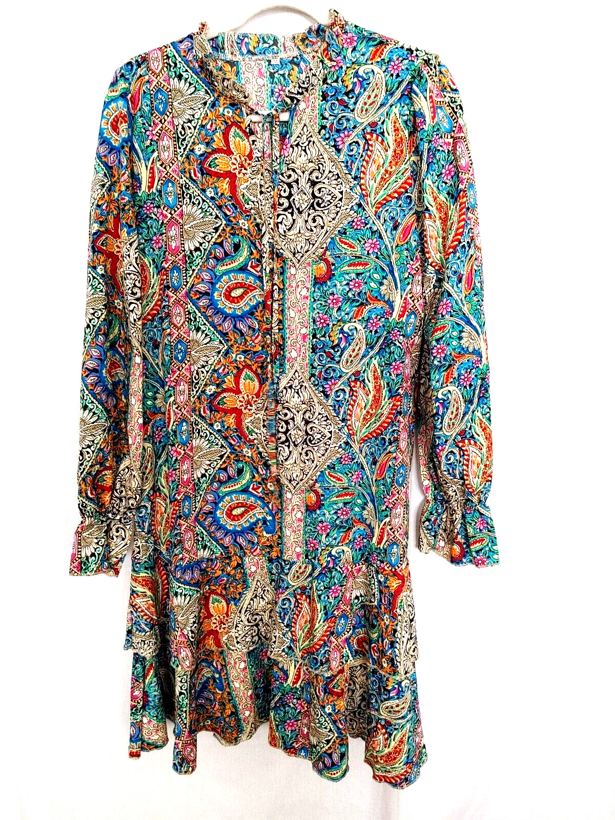 Multicolor Paisley Dress Ruffle Neck w/ Tie Long Slv Ruffled Cuff & Hem M #16609