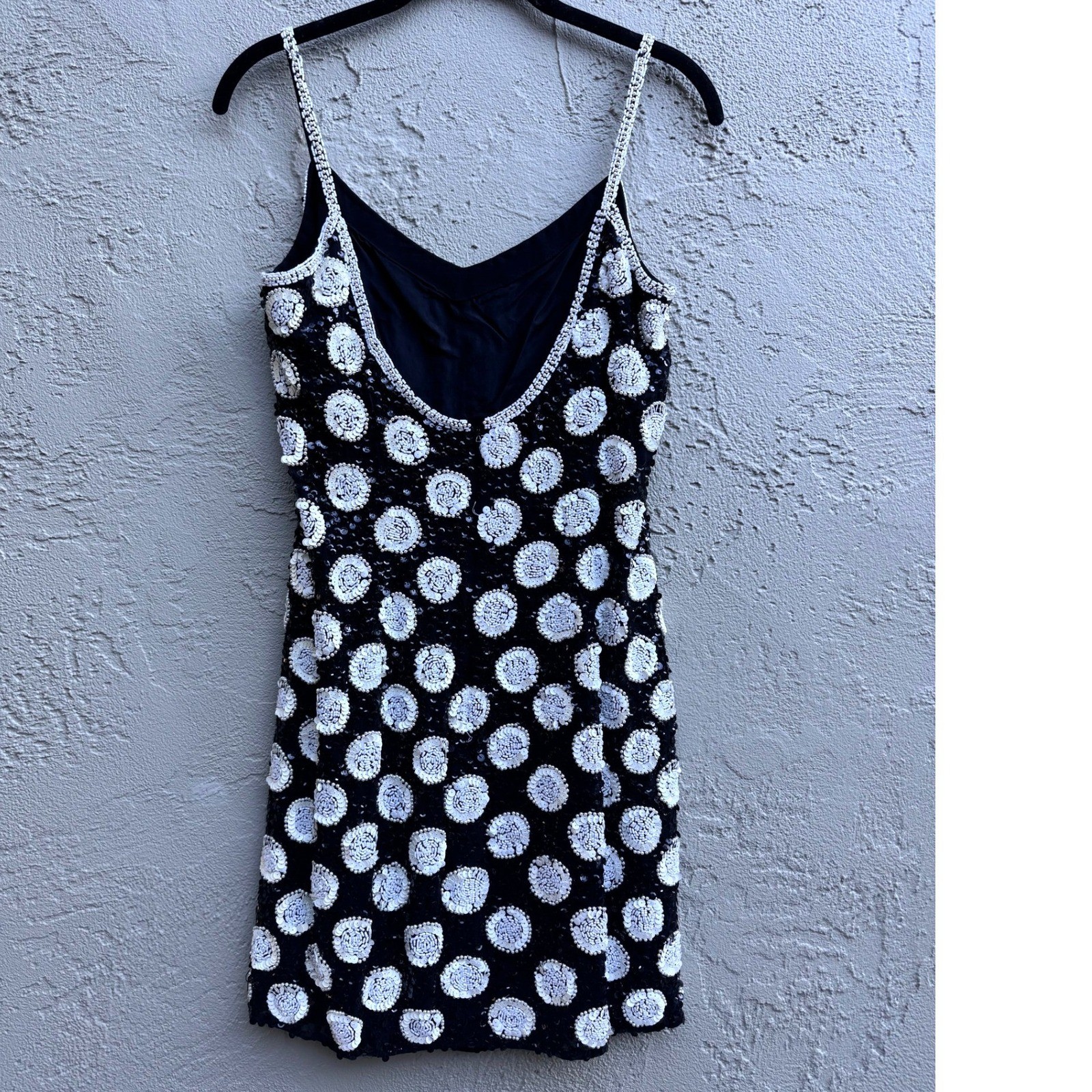 Vintage Oleg Cassini Black White Sequin Polka Dot Mini Dress SZ 8 Formal Party