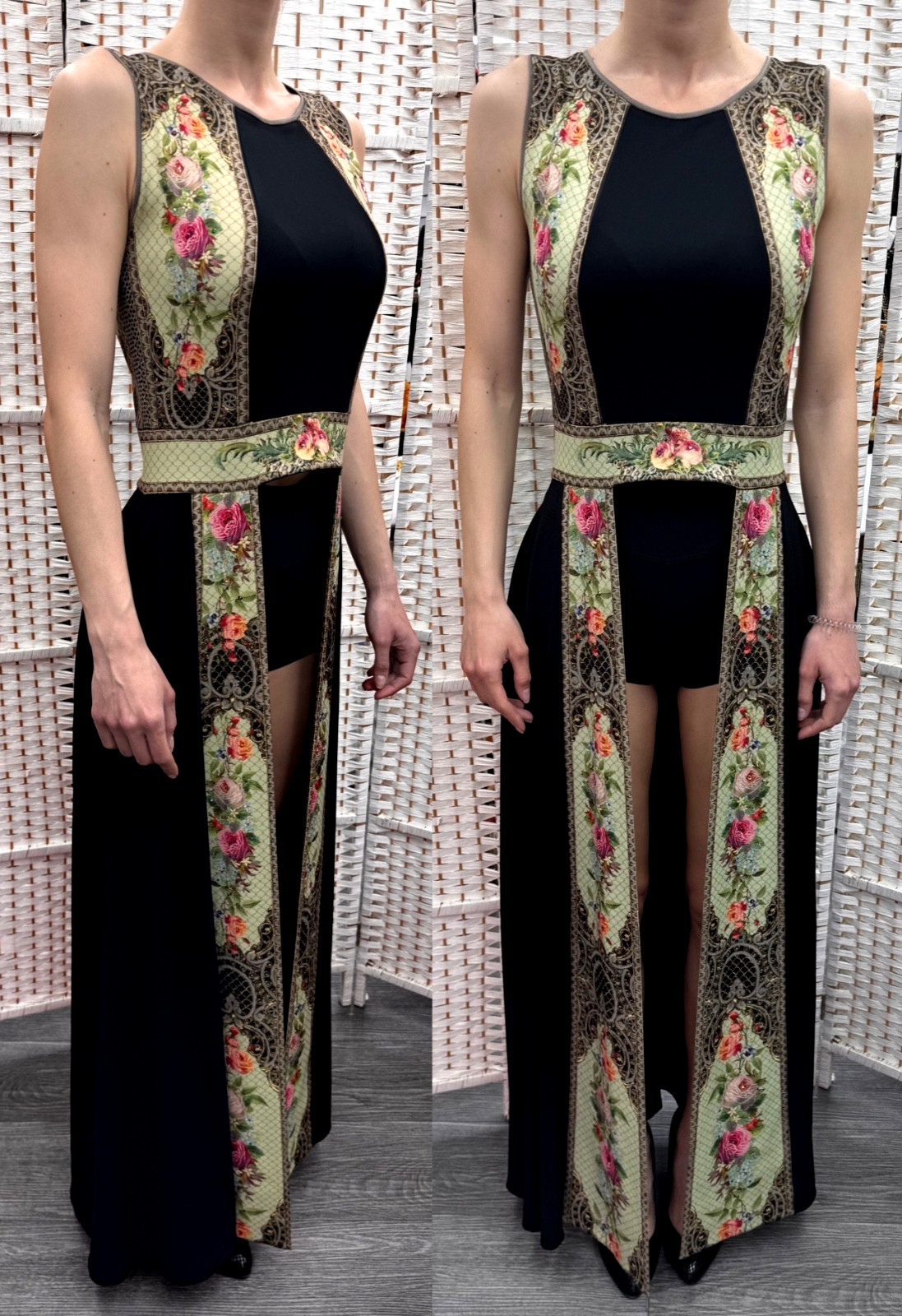 Michal Negrin Elegant Full length Black And Floral Top Dress Size – 38 –