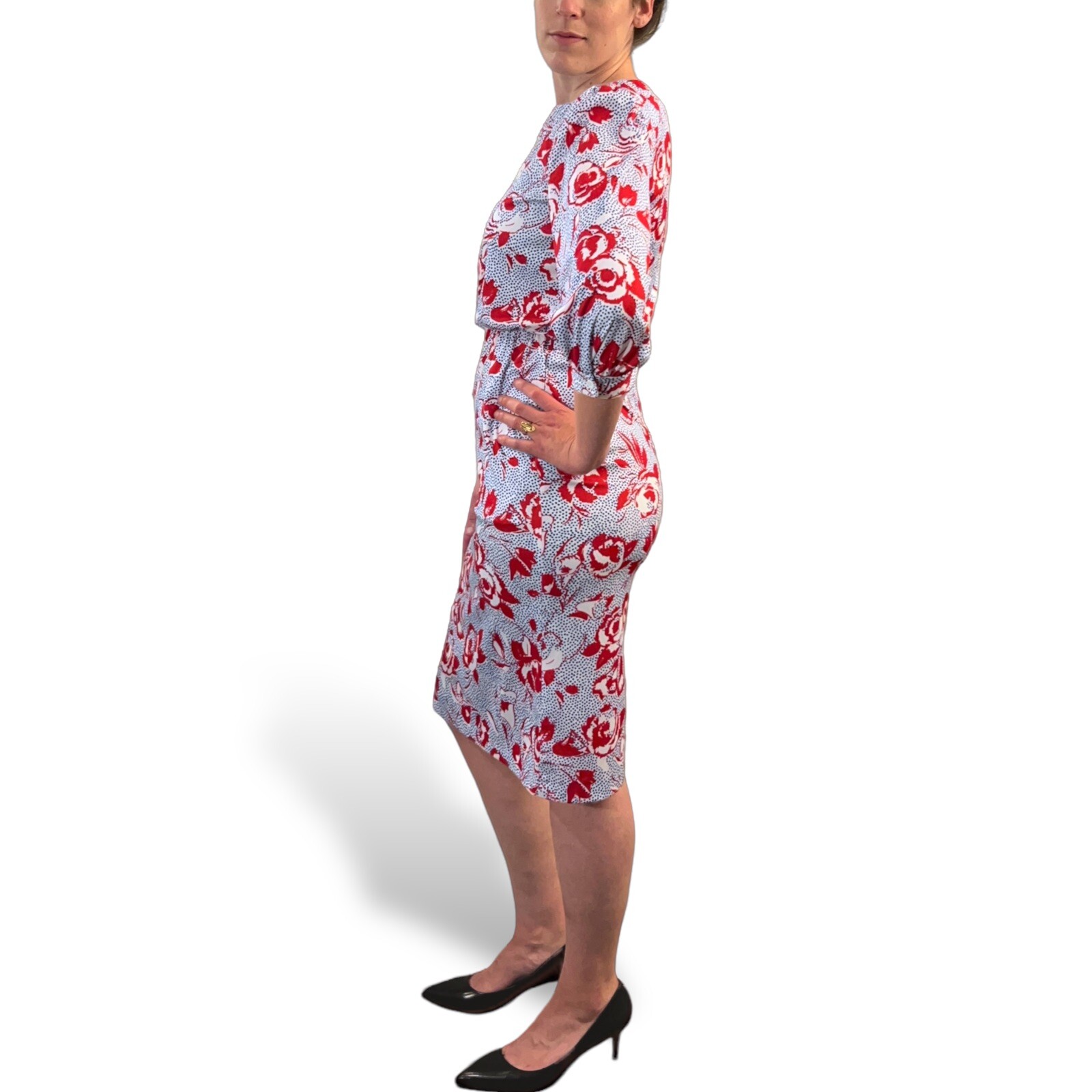 Pop Art Rose 70s 80s Vintage Polyester Dress Bedford Fair Red White Blue Mod M