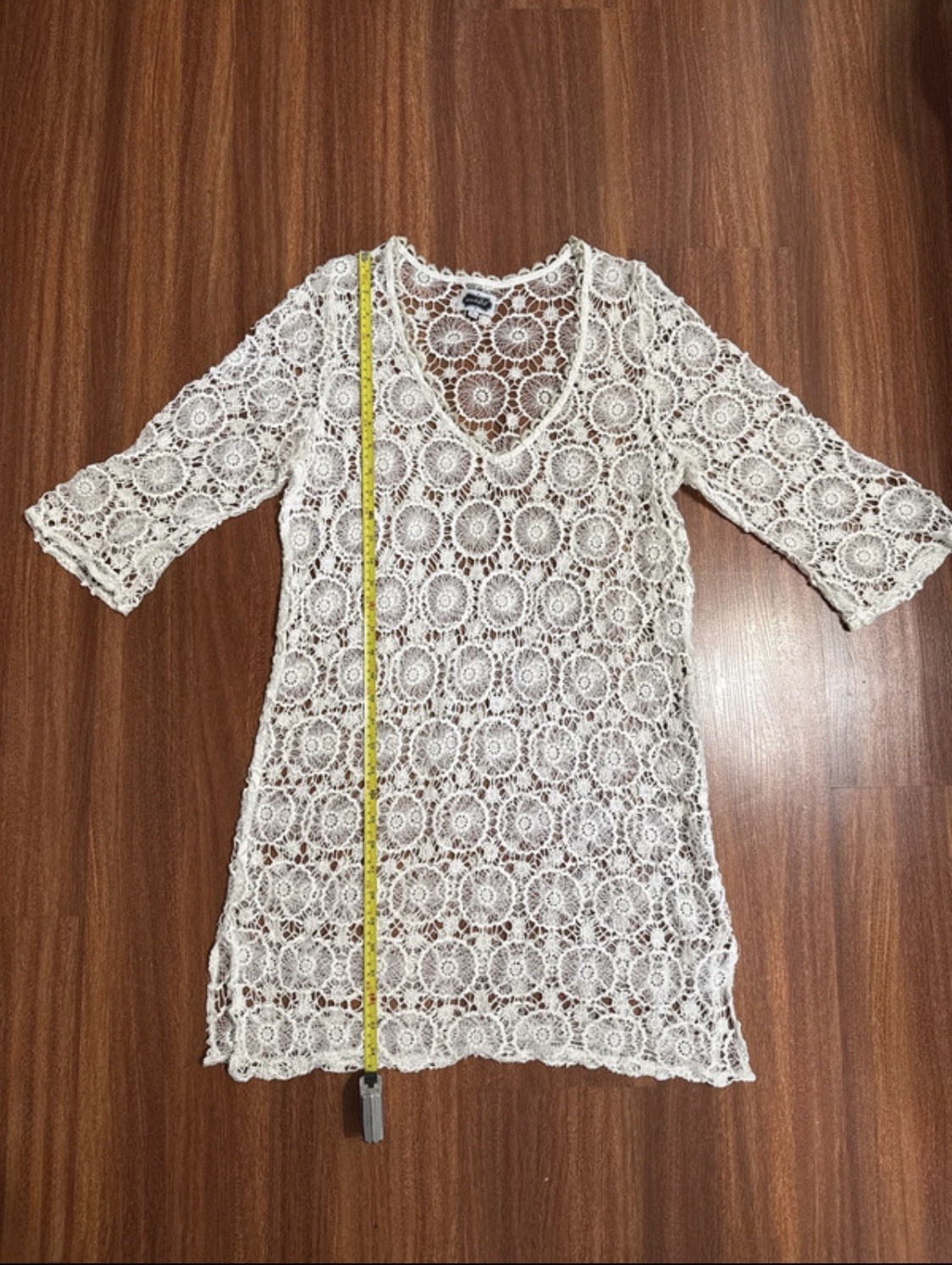 Mud Pie White Sheer Crochet Lace Shift Dress V-Neck 3/4 Sleeve Short L