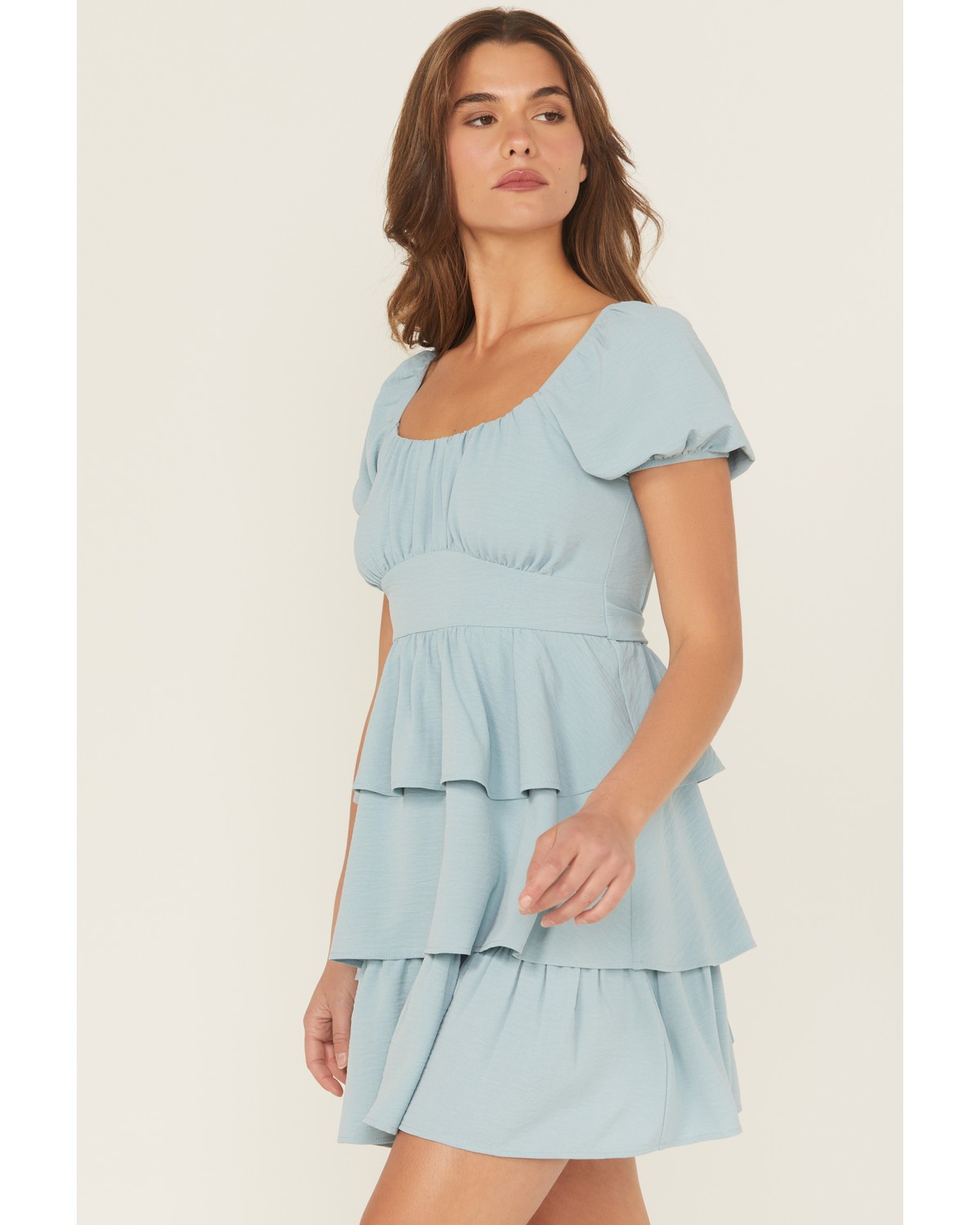 Originality Women's Solid Puff Sleeve Mini Dress – E0893W039JI-BLUE