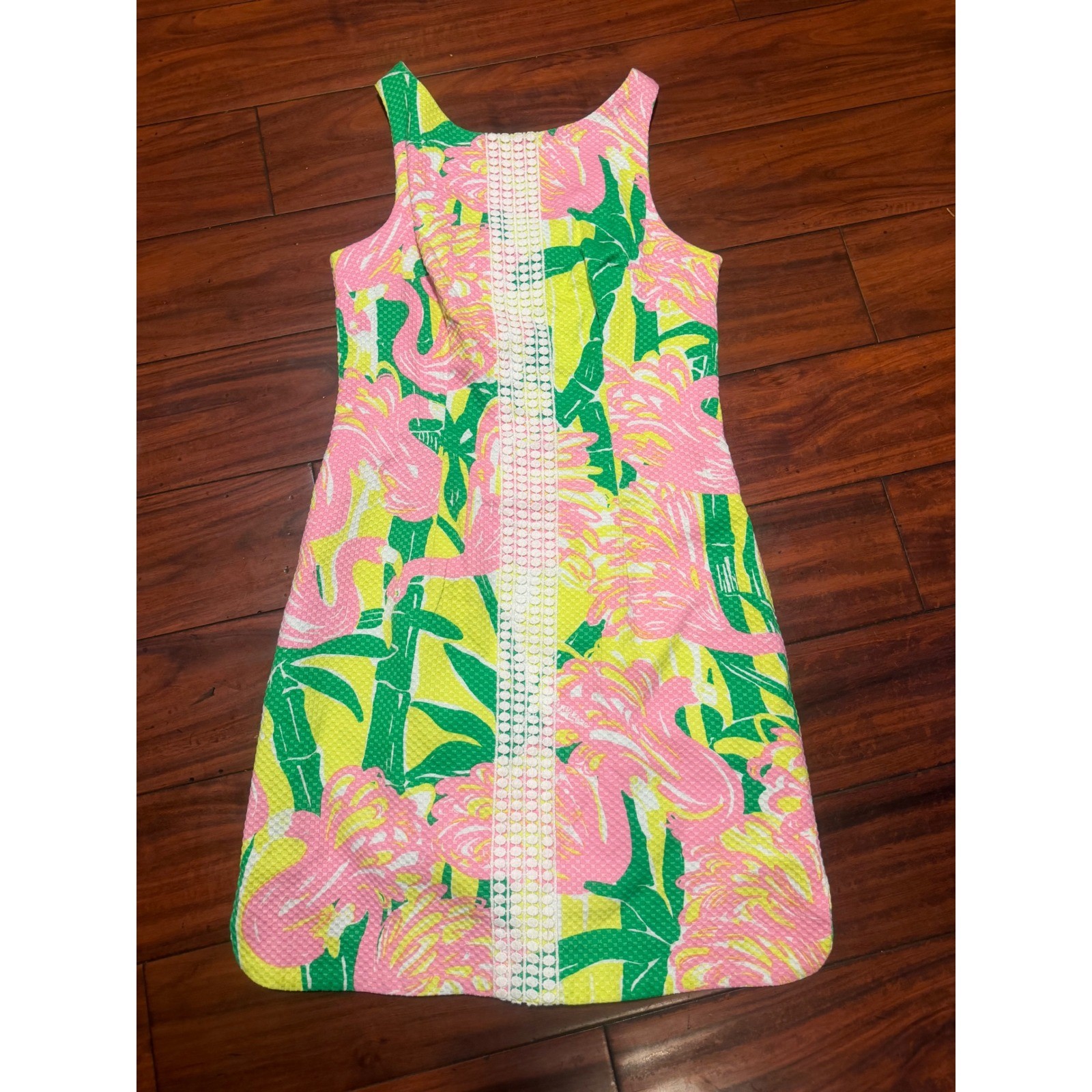 Lilly Pulitzer Flamingo Glee Shift Dress Pink Yellow Green Bamboo Lace Trim 33in