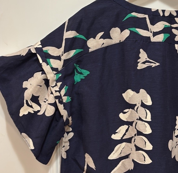 Anthropologie WHIT Silk/Linen Temple Dress in Botanical Print Navy Blue Size L