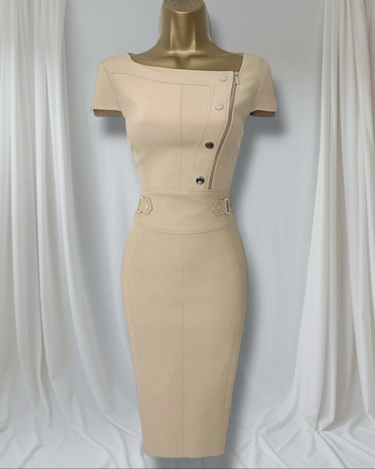 Karen Millen Beige Military Style Pencil Dress UK 10 Structured Bodycon Midi