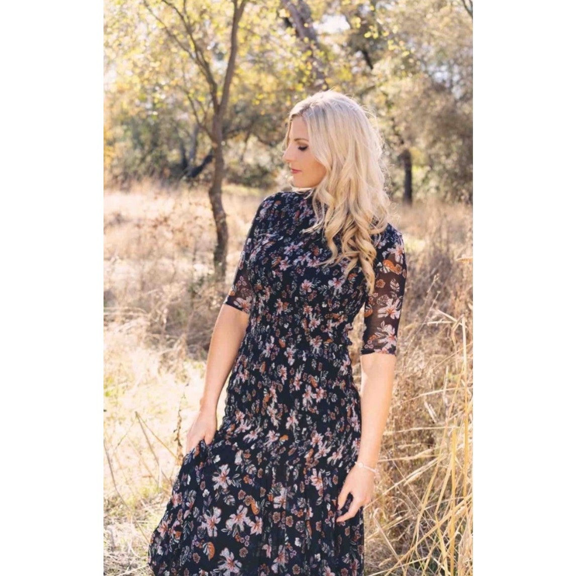 Veronica Beard Gabi Black Floral Chiffon Drop Waist Smocked Midi Dress SIZE 6