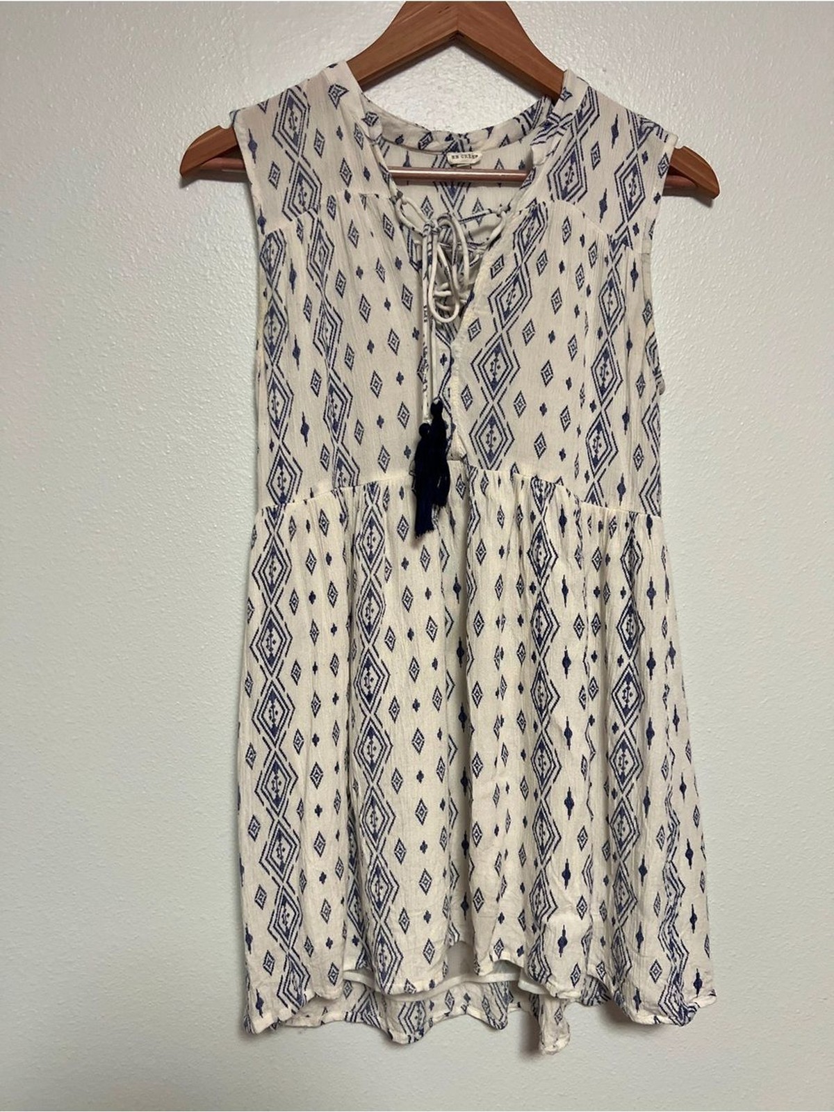 En Creme Ivory Navy Tribal Geometric Tassel Tie Sleeveless Mini Dress Size Small