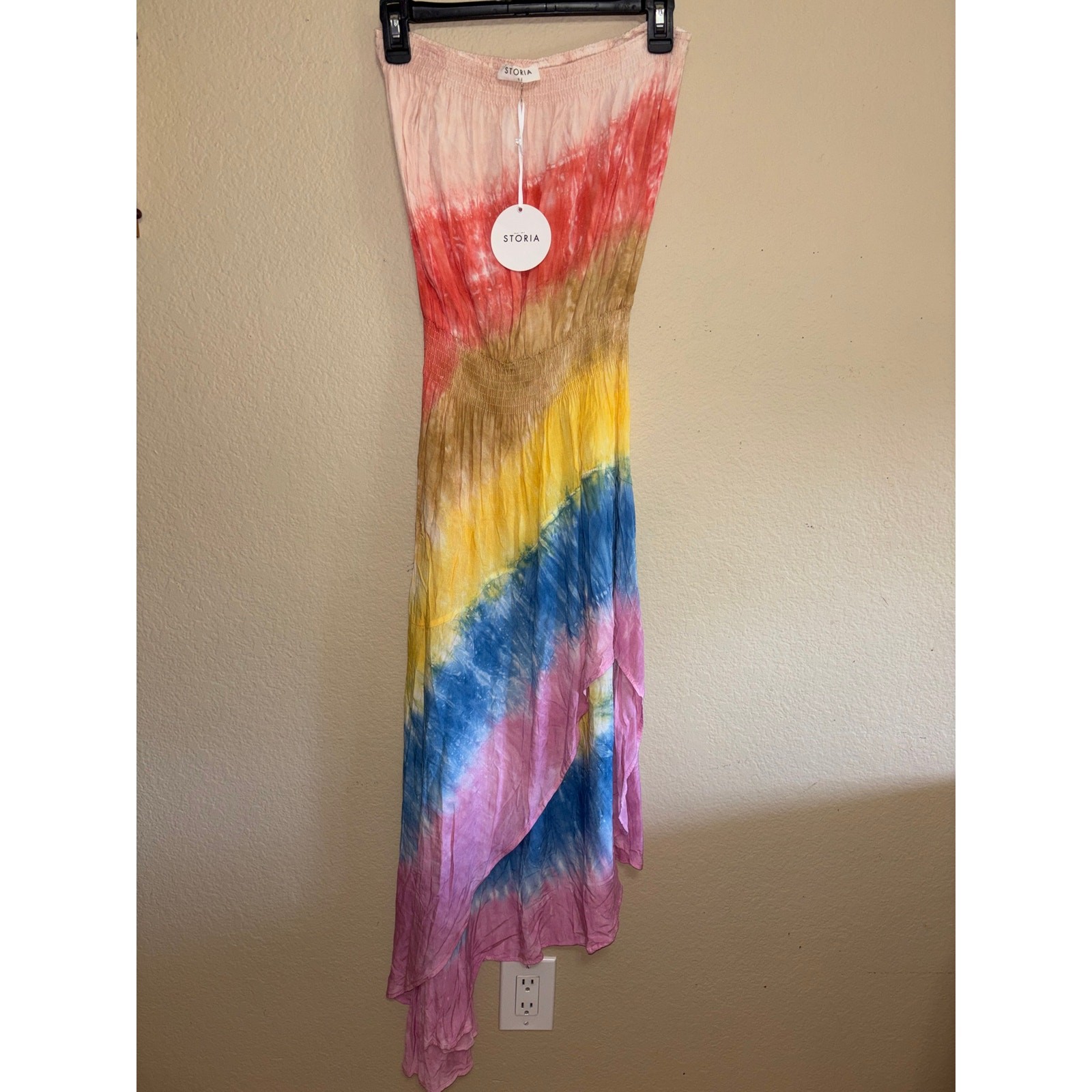 Storia strapless maxi dress with a colorful tie-dye print