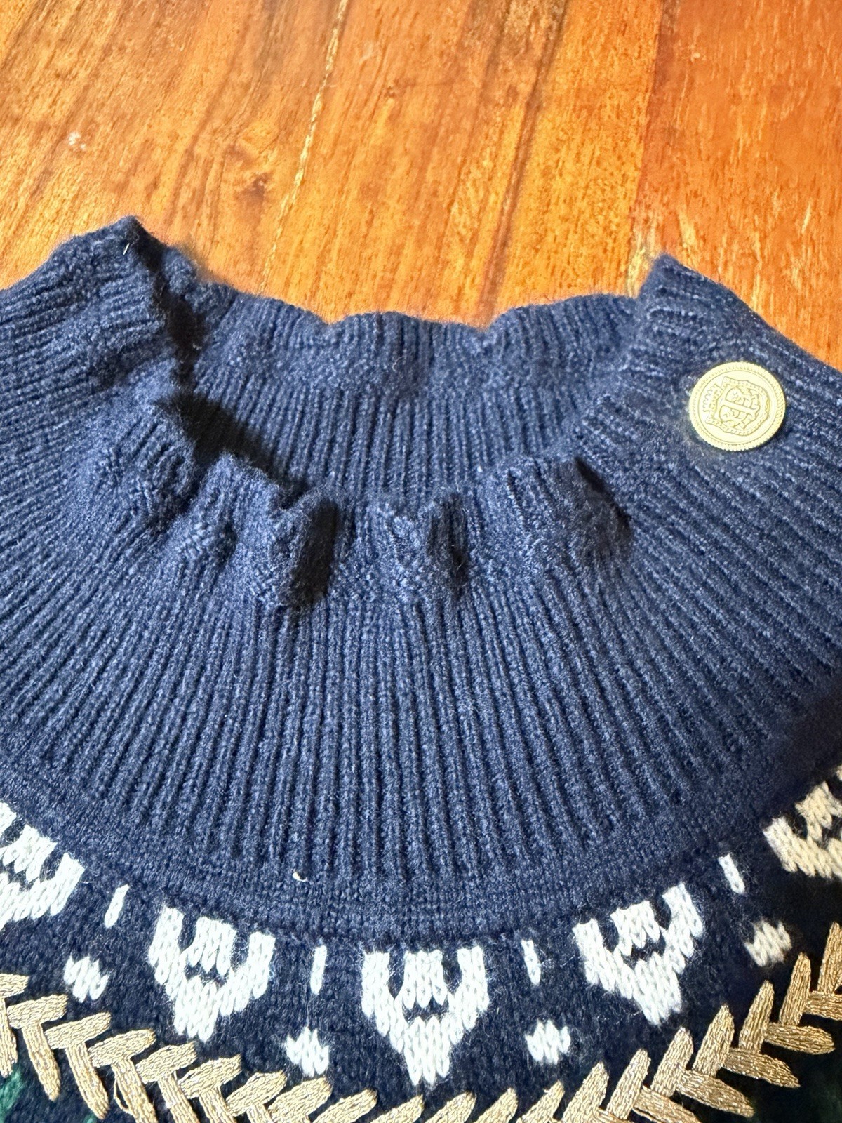 Talbots Fair Isle Embroidered Shift Sweater Dress Navy Fall Fashion Petite Small