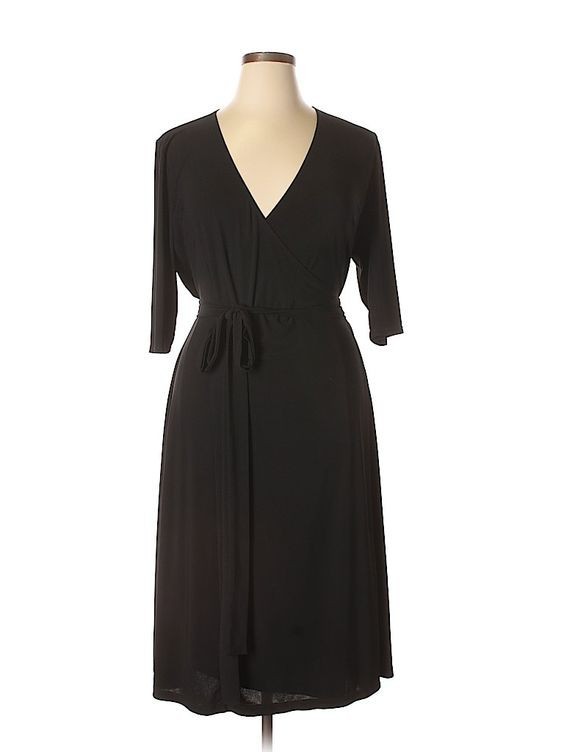 Kiyonna Essential Wrap Dress 1X Black True Wrap LBD Slimming Work Date Packable