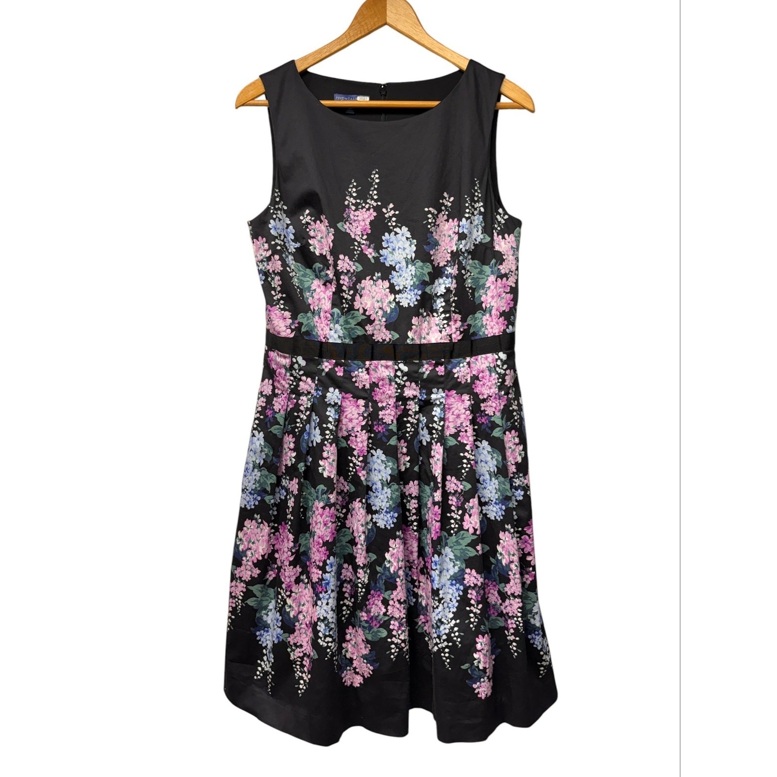 RSVP by Talbots 12 Petite Floral Sateen Fit & Flare Dress Black Pastel Hydrangea