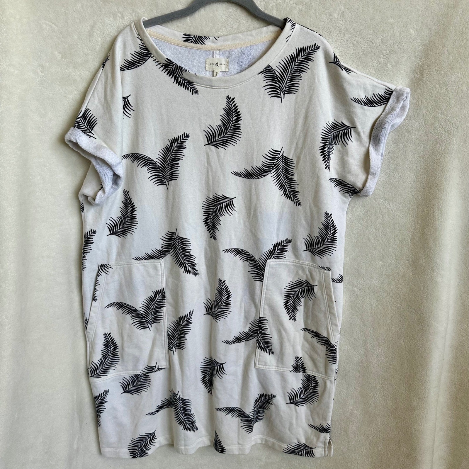 Lou & Grey LOFT Palm Cozy Cotton Terry Pocket Shift Dress White Black XL EUC