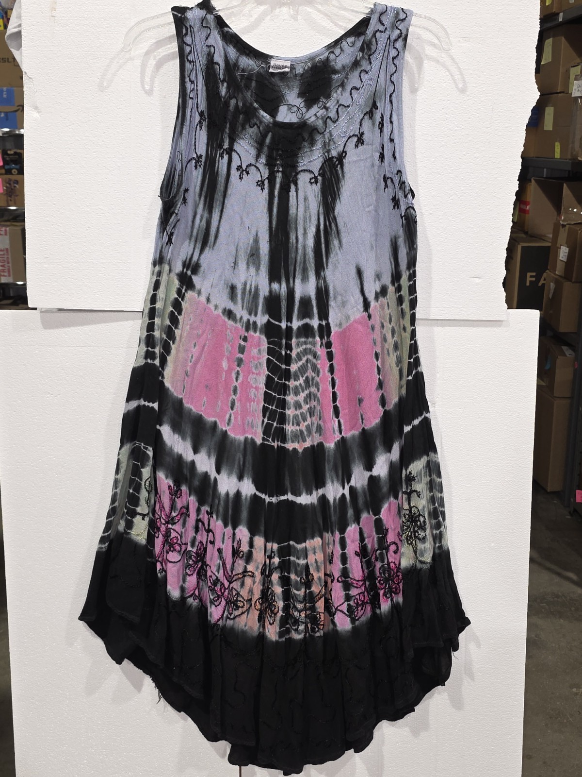 Seven Islands One Size Colorful Dress Embroidery Black Gray Pink Green Tie Dye