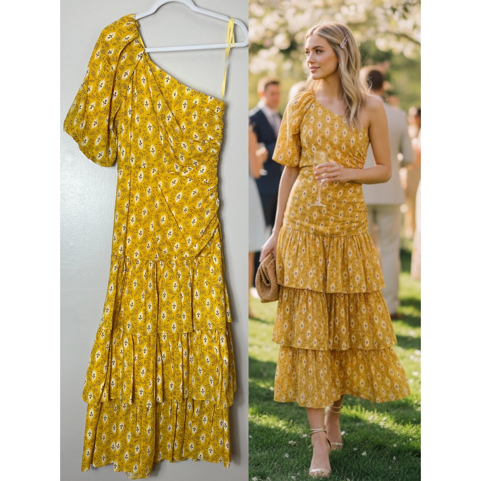 VERONICA BEARD DRESS 4 YELLOW WEDDING GUEST FLORAL WESTERN MILKMAID BOHEMIAN