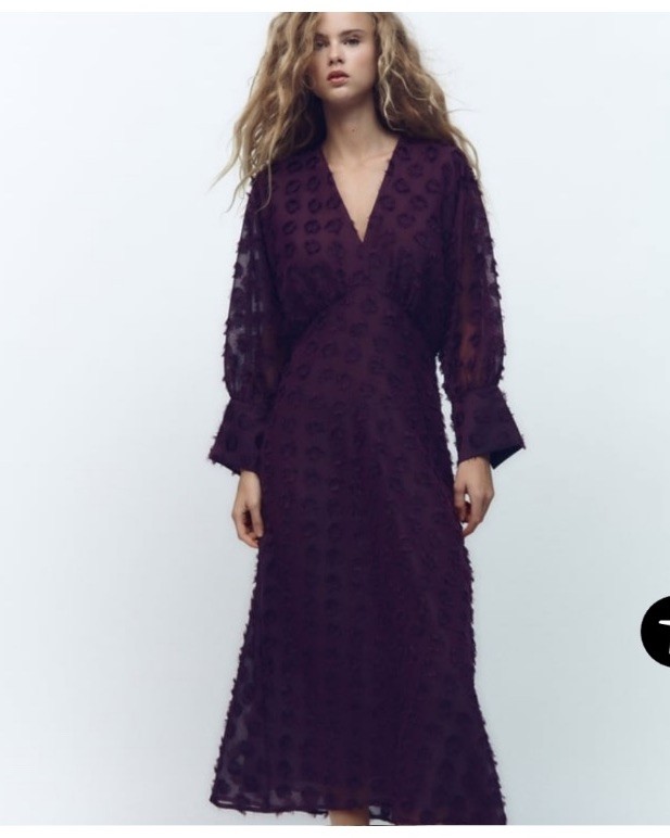 Zara L Maxi DRESS Chiffon Eggplant Purple Polka Dot Flocked v neck Empire waist