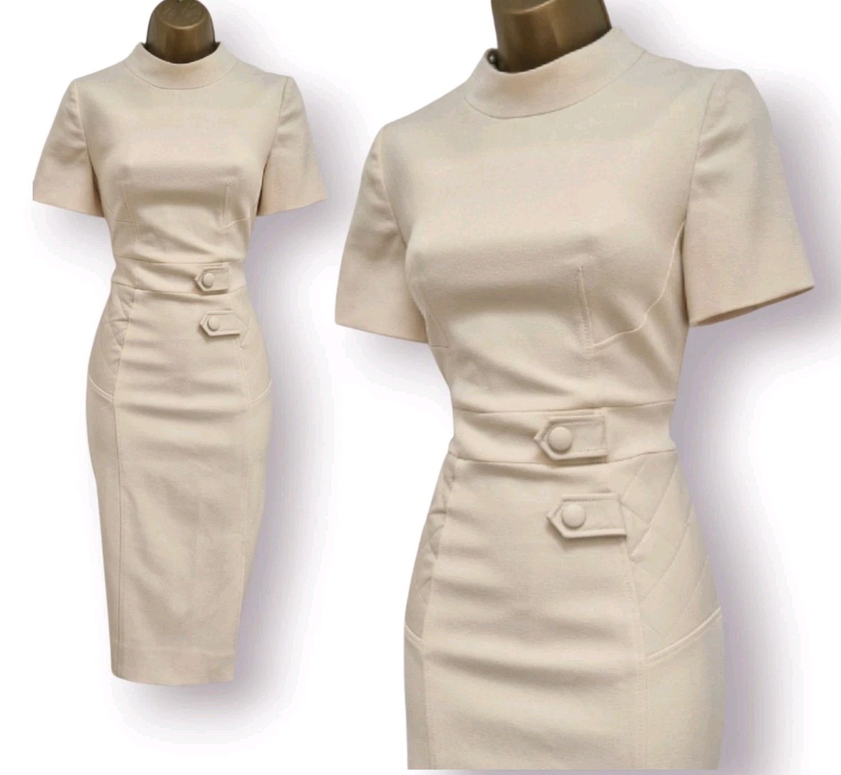Karen Millen UK 8 Cream High Neck Faux Leather Quilted Pencil Wiggle Dress