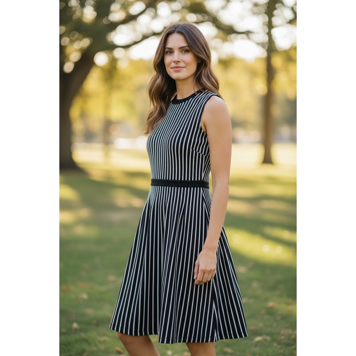 NWT Anne Klein $129 Black White Striped Knit Fit & Flare Dress Sleeveless Large