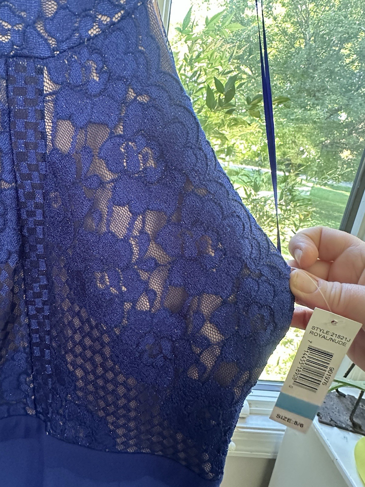 Morgan & Co. Blue Floral Lace Halter Sleeveless Long Gown Zip Sheer S/6