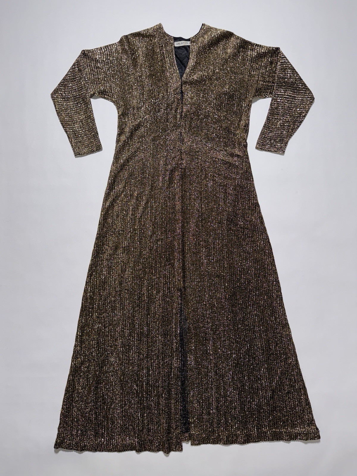Halston IV 1980s Dorian Black Metallic Gold Lame Maxi Full Length Caftan Kaftan
