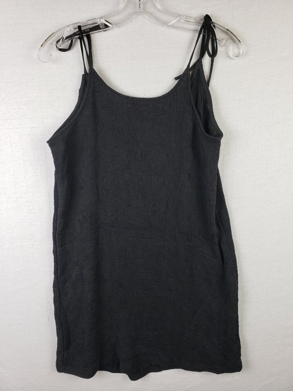 MOD REF Mini Dress Tunic Tie Straps Black Crinkled Ribbed Minimalist Resort sz M