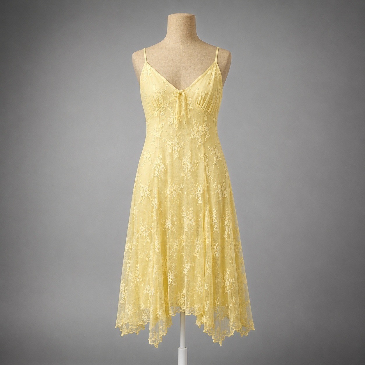 Floral Fairy Sheer Lace Babydoll Slip Dress Small Yellow Handkerchief Hem Dainty