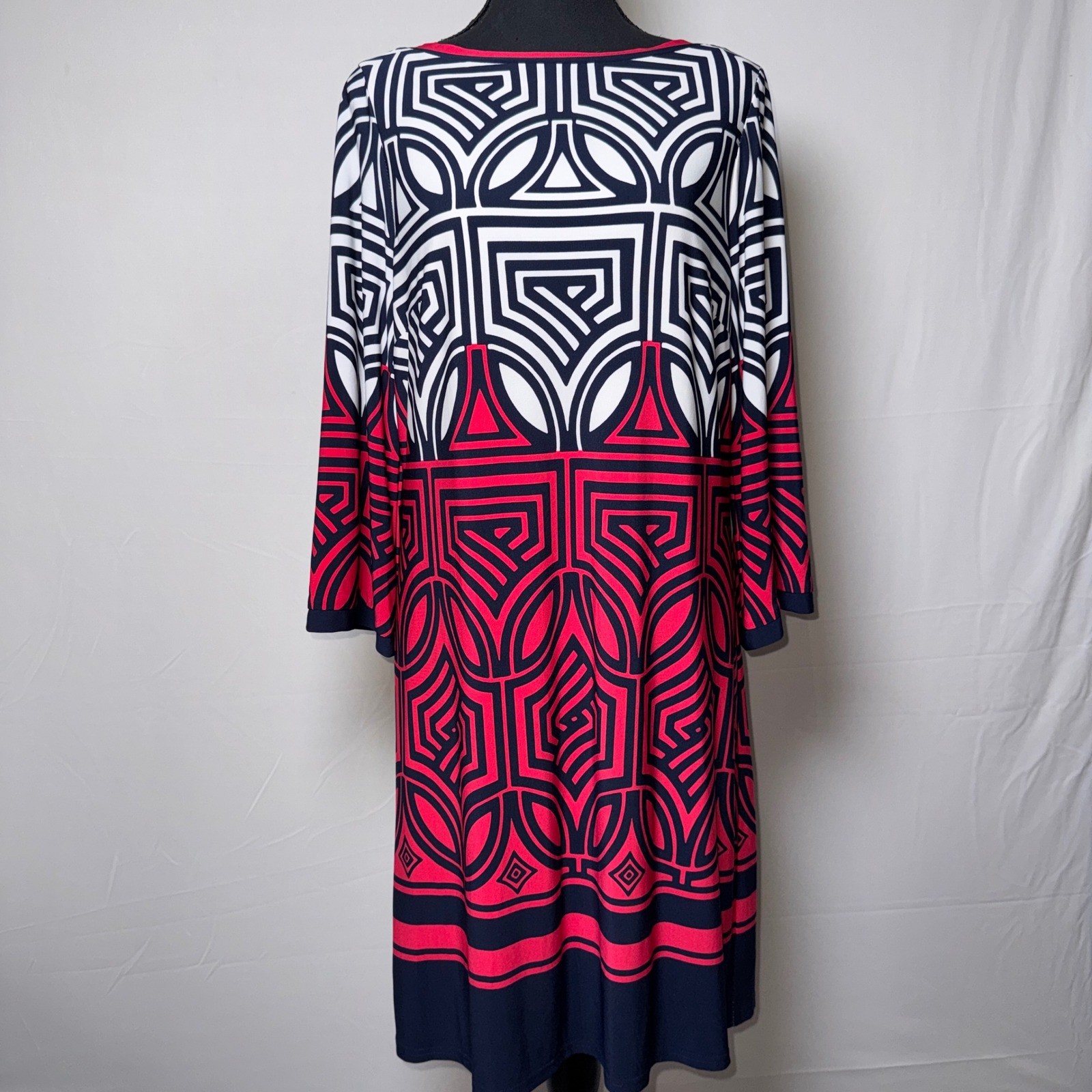 Eliza J Geometric Maze Print Shift Dress Navy Pink White 3/4 Sleeve Size 8