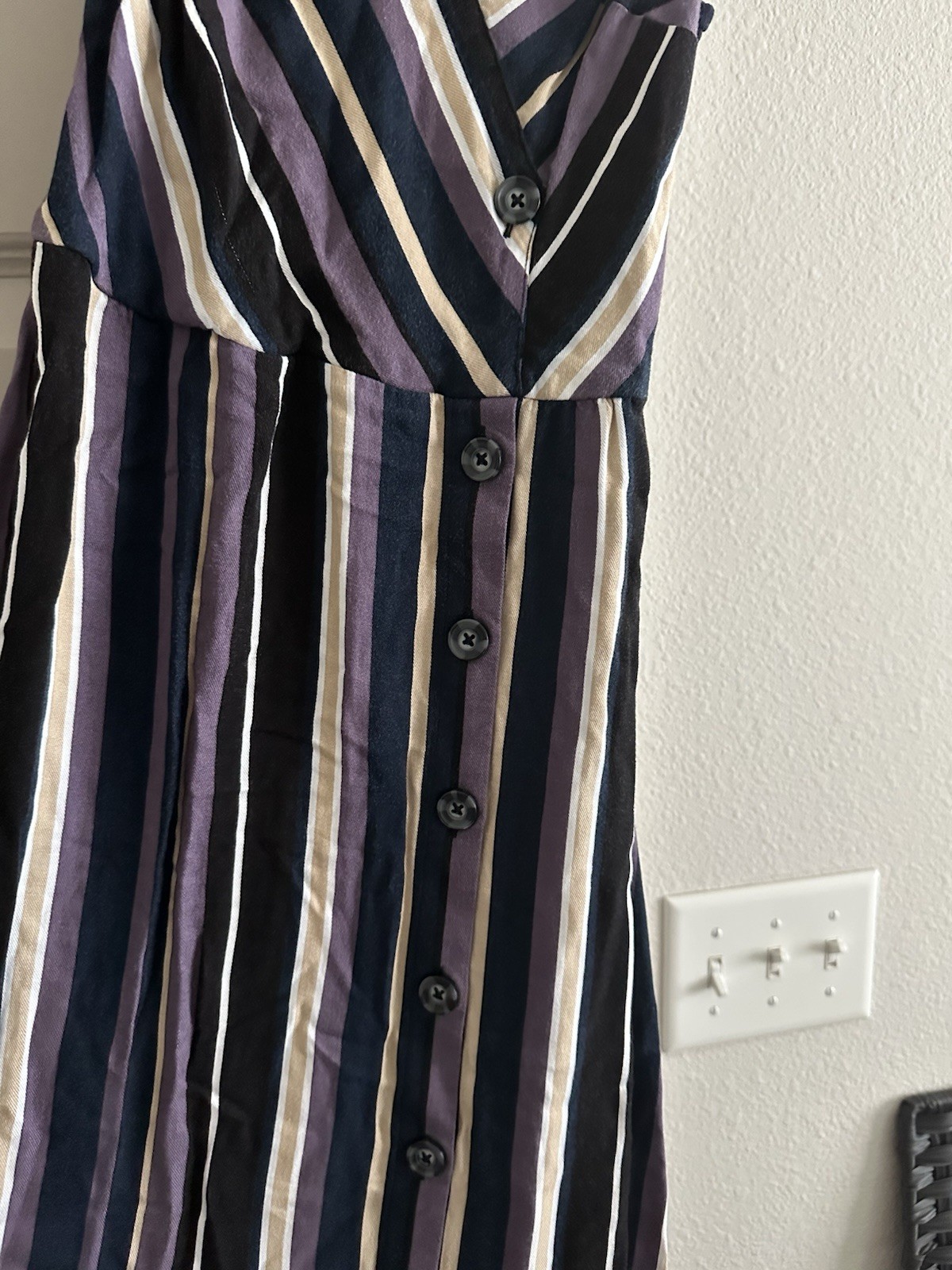 Purple Black White Beige Striped Button Midi Sundress Sleeveless V-Neck Casual