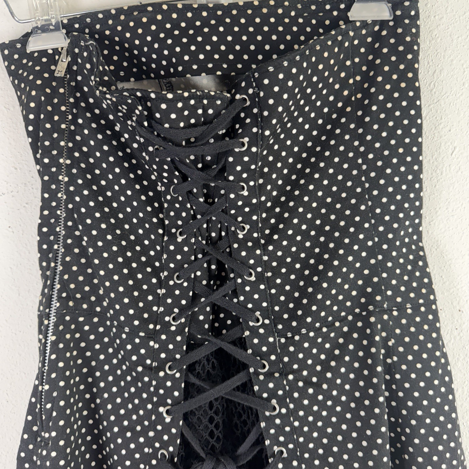Vintage TRIPP NYC L Black Polka Dot Corset Lace Up Back Tulle Dress y2k Goth