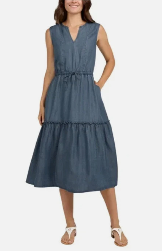 Lands’ End Women’s Lyocell Tiered Midi Dress, Blue, Size M NEW WITH IMPERFECTION