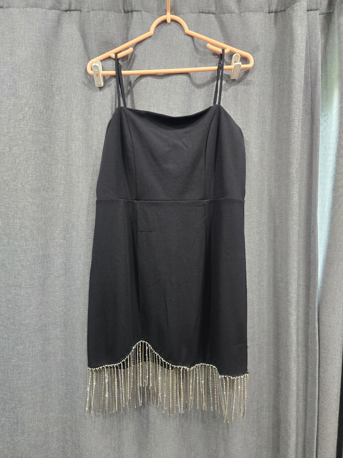 TRIXXI XL Black Rhinestone Fringe Cocktail Dress Spaghetti Strap Party Mini