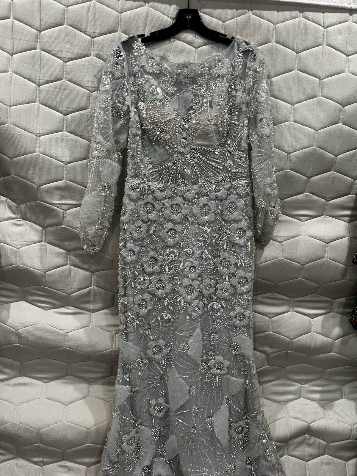 Terani Couture Silver Beaded Embroidered Mesh 3/4 Sleeve Long Gown Zip 10