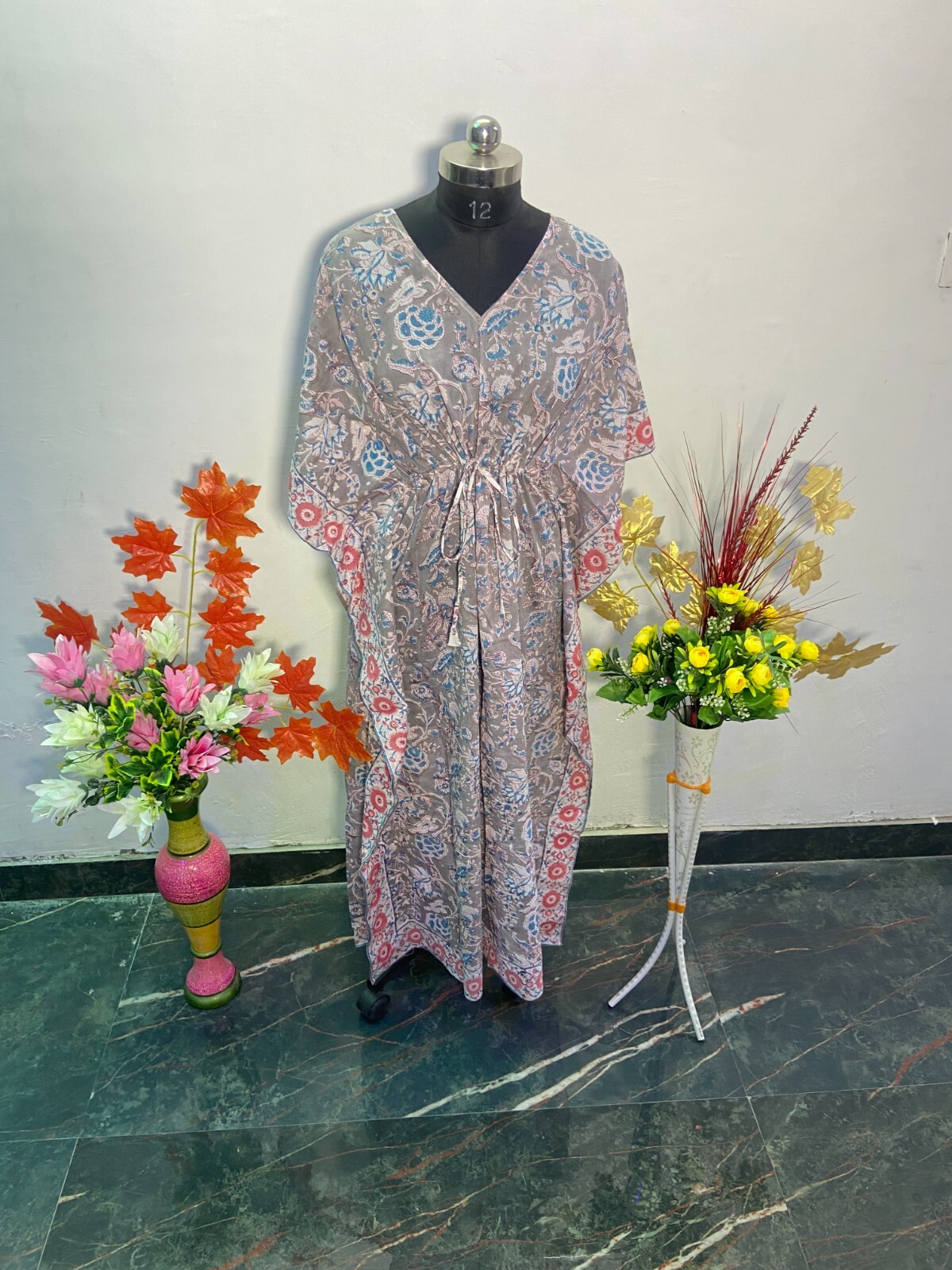 Brown Multi Floral Block Print Kaftan Kimono AAA Quality Fabric Casual Dress