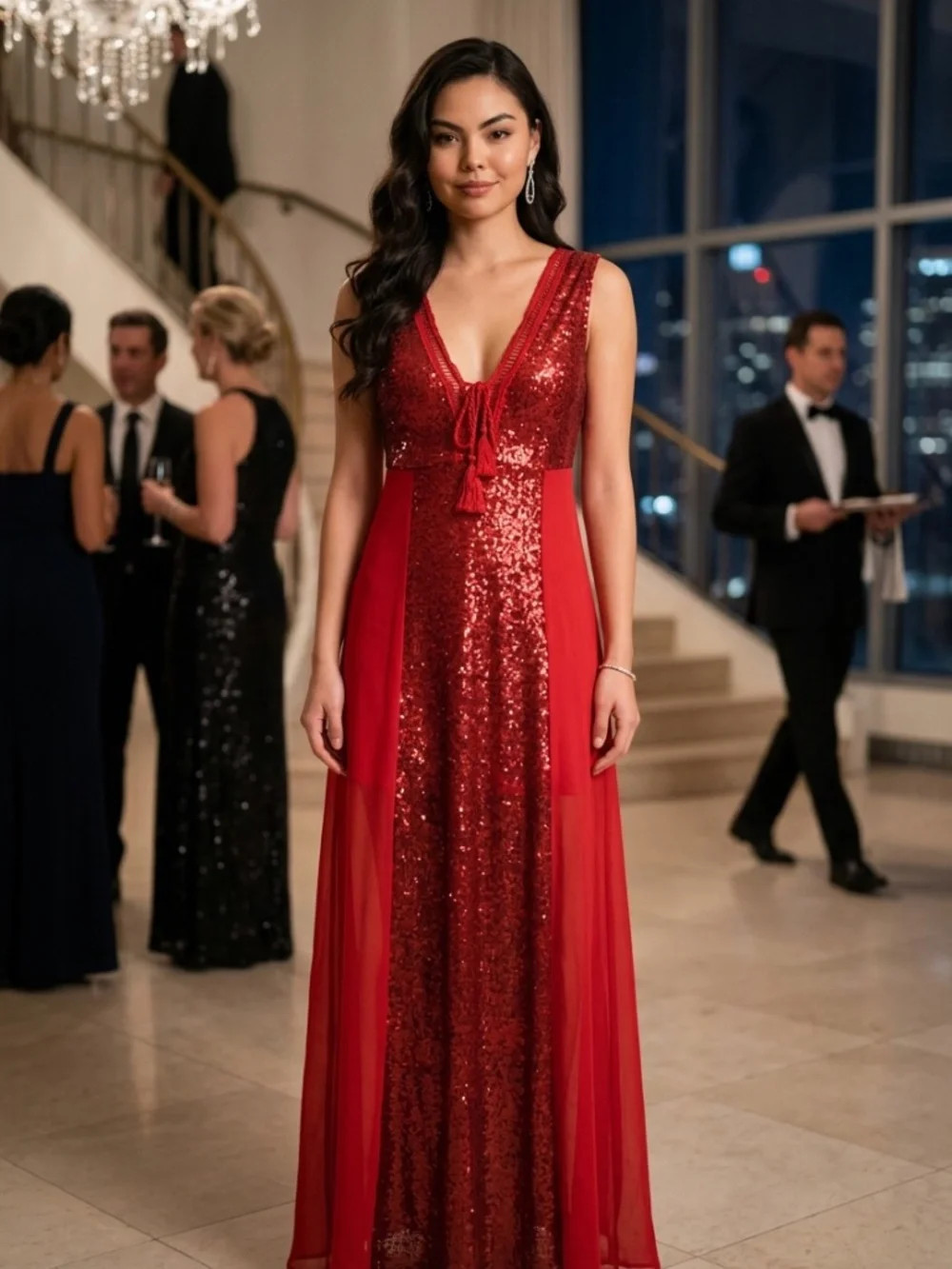 Nwt Women’s Peekaboo Back Sequin Chiffon Plunge Gown Dress