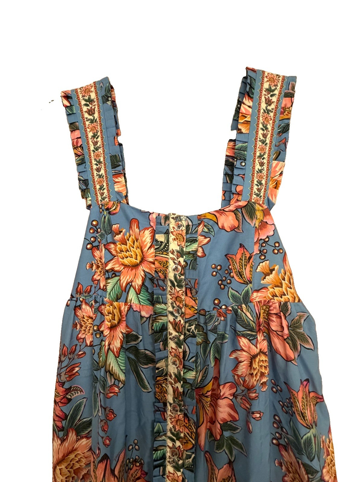 Farm Rio Blue Floral Midi Dress Sleeveless Square Neck Boho Tropical Women’s