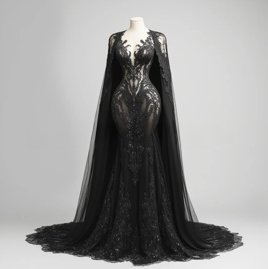 Black Fantasy Victorian Prom Dress Gothic Tulle Appliqué Floral Strap Shawl