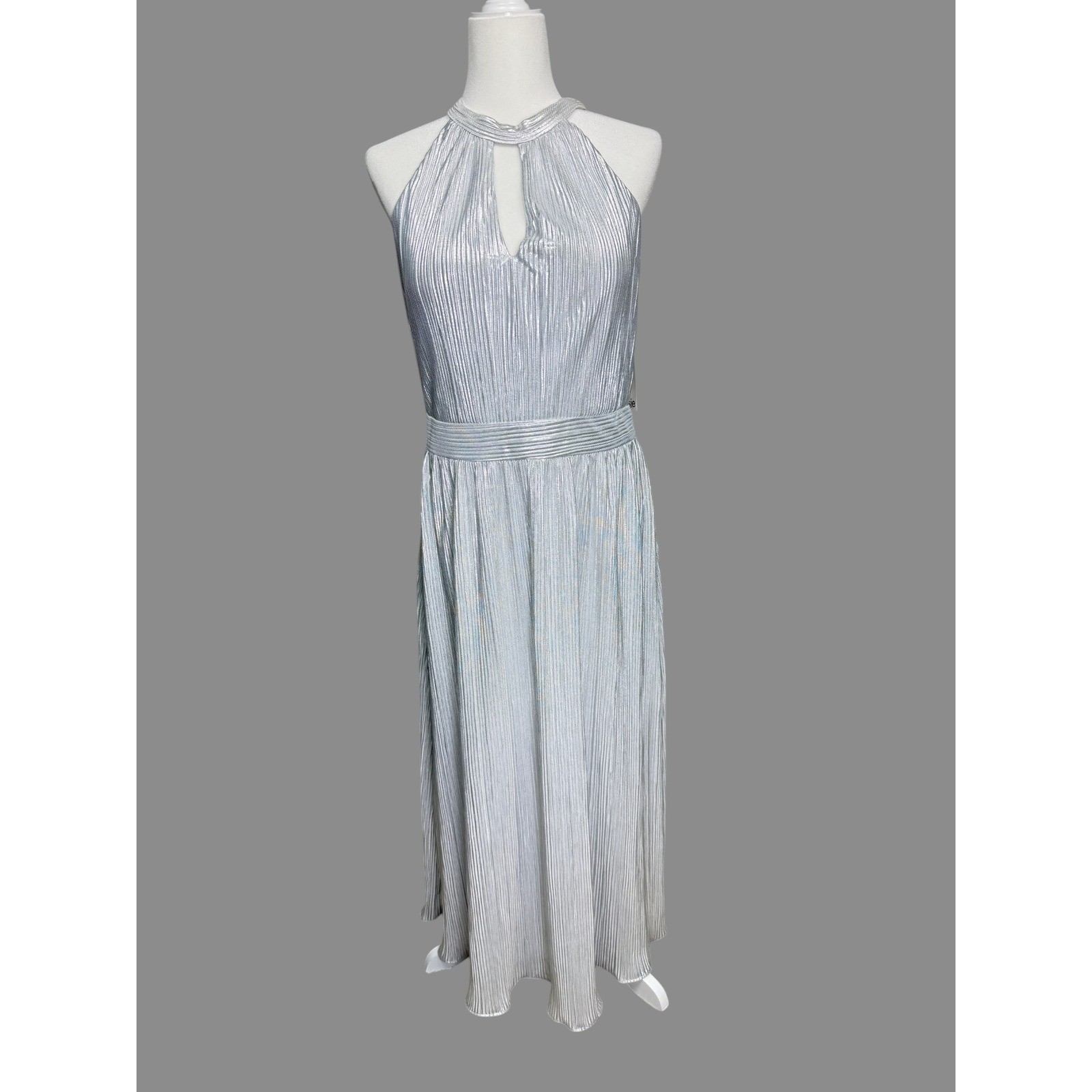 NWT Kensie Silver Metallic Halter Maxi Dress Size 12