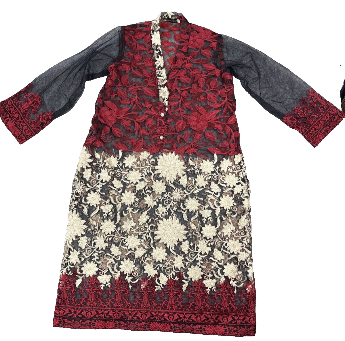 AghaNoor Sheer Overlay Dress Small Embroidered Lace Floral Whimsy Goth Boho Art