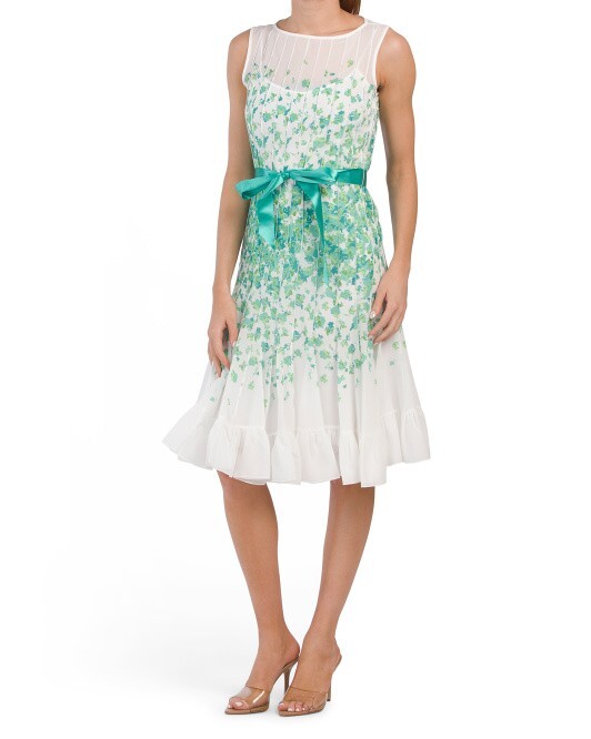 Rickie Freeman For Teri Jon Border-Print Pintuck Chiffon Dress (size 16)