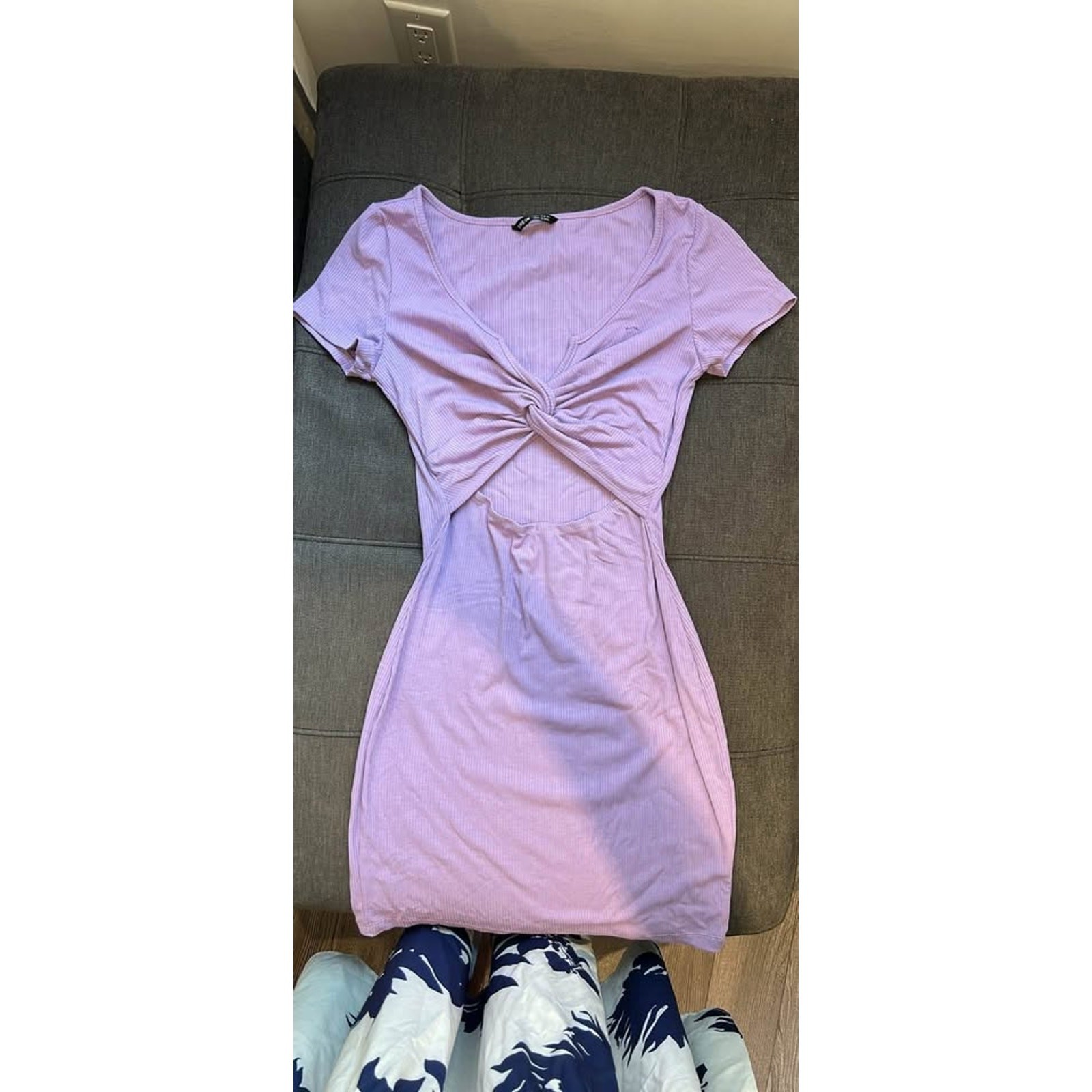Purple cross over twist cut out Bodycon dress v neck short sleeve